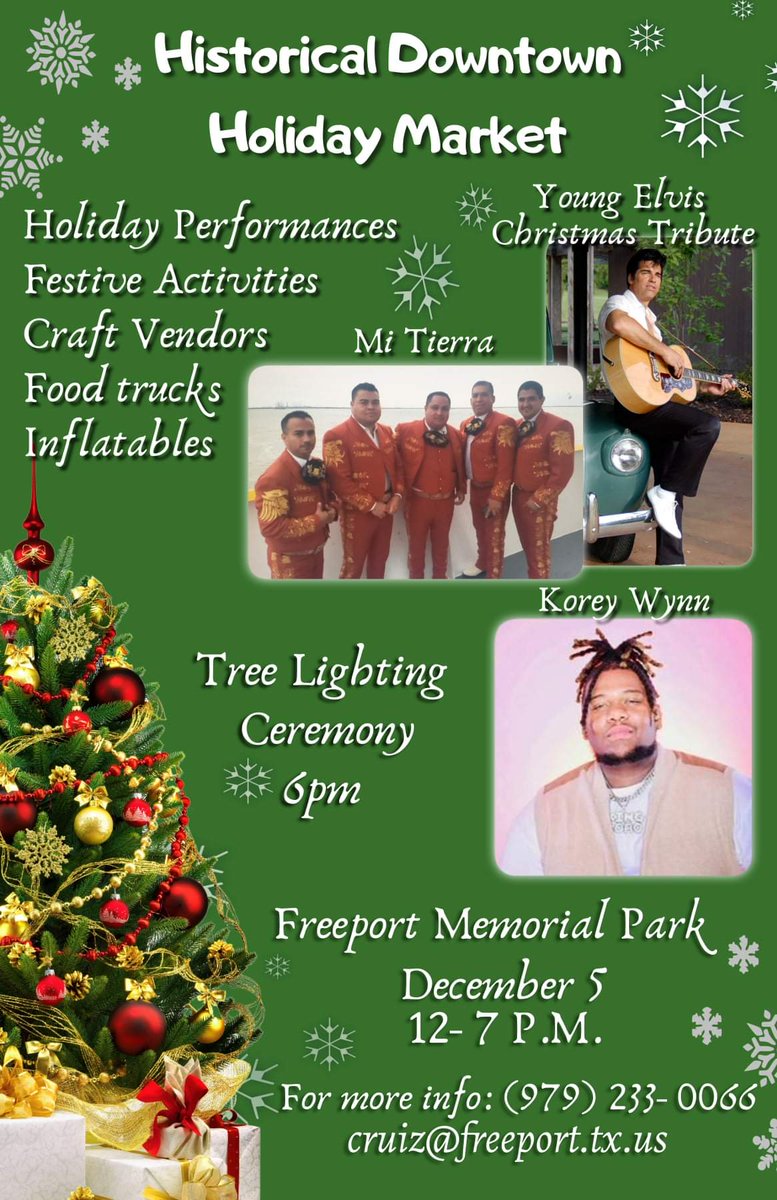 FreeportMuseum's tweet photo. 🎄Bring the family and join us for a Historic Downtown Holiday Market this Sunday!🎅

#visitfreeporttx #Freeport #Texas #Christmas #holiday #vendor #events #entertainment #downtown https://t.co/ZUvGzKzPSW