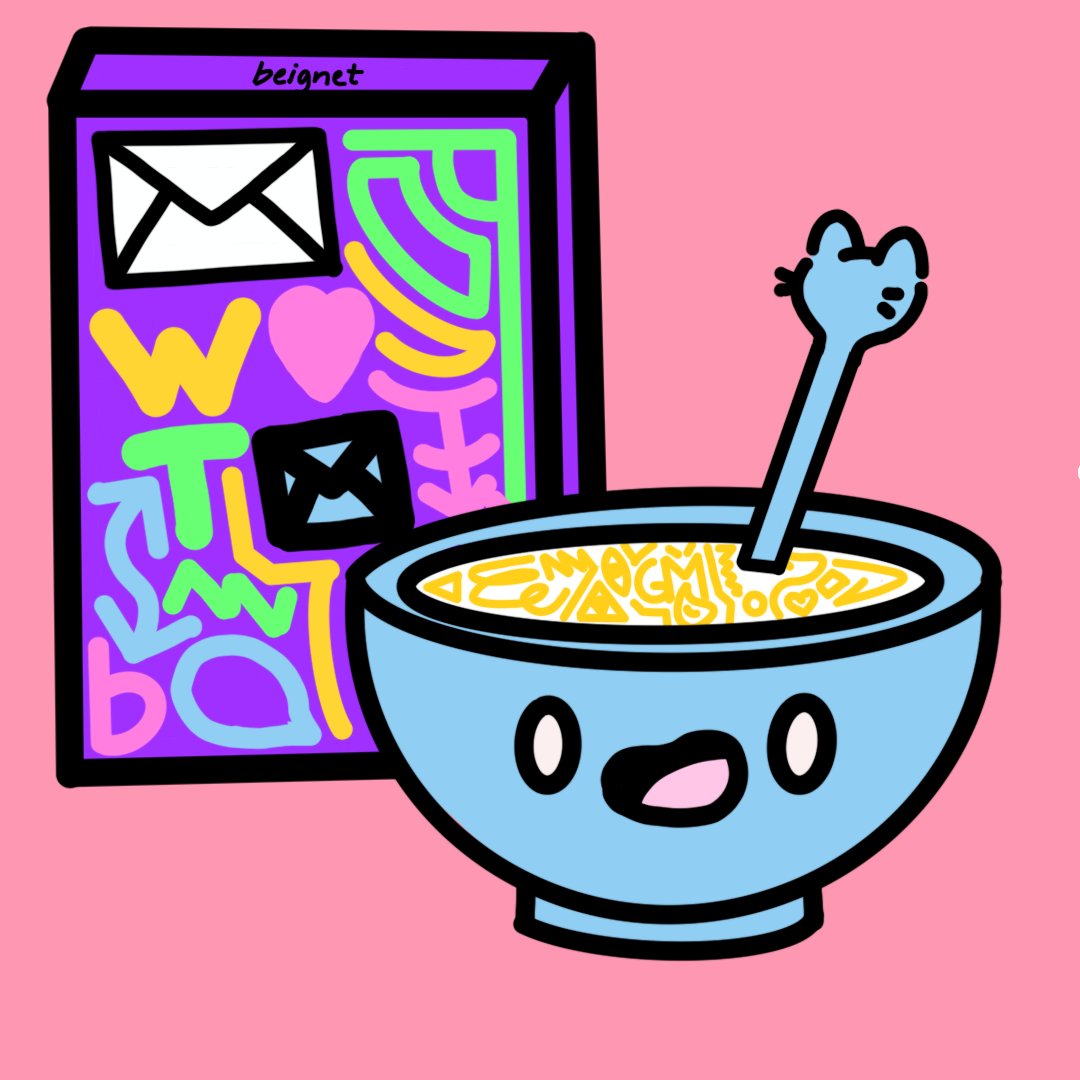 0xBeignet's tweet photo. some @coolcatsnft x @VinnieHager x @0xBeignet 

I call it "gm cereal" 🥣🥛💌😼 https://t.co/LJ2ZnswOKi