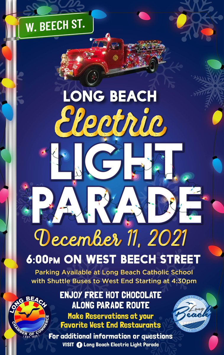 ElecLightParade's tweet photo. Sat. Dec. 11th, 2021
The parade begins at 6:00 pm on Ohio Avenue and will head East on Beech Street to Grand Boulevard.
Long Beach, NY https://t.co/XyjqFvIJVB