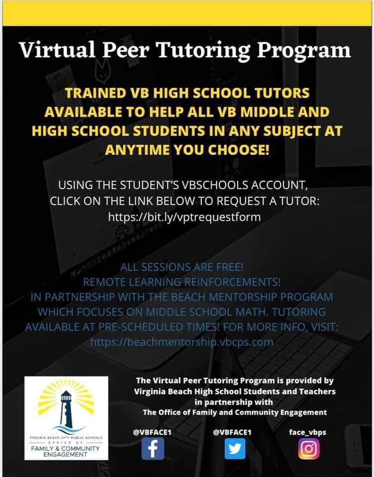 VB middle or high school students looking for tutoring help, The VPT program is one option! Use your VB Schools account to sign up: docs.google.com/forms/d/e1FAIp… 
Middle school students who specifically need a math reinforcement, here’s another tutoring option! beachmentorship.vbcps.com/Default
