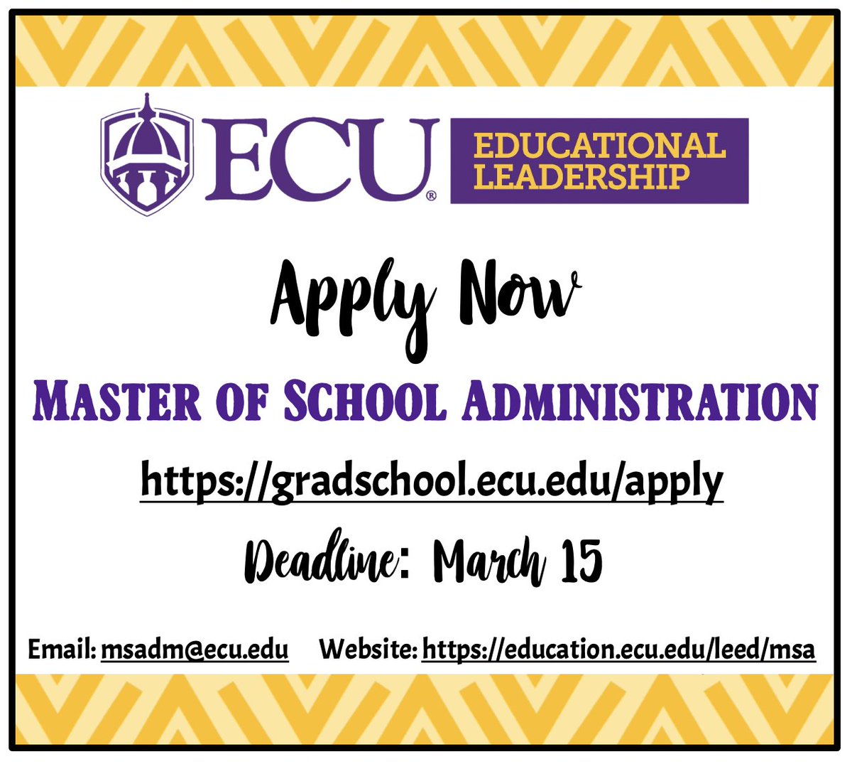 Apply now for the ECU MSA 2022 Cohort! Email msadm@ecu.edu with questions or for more information.