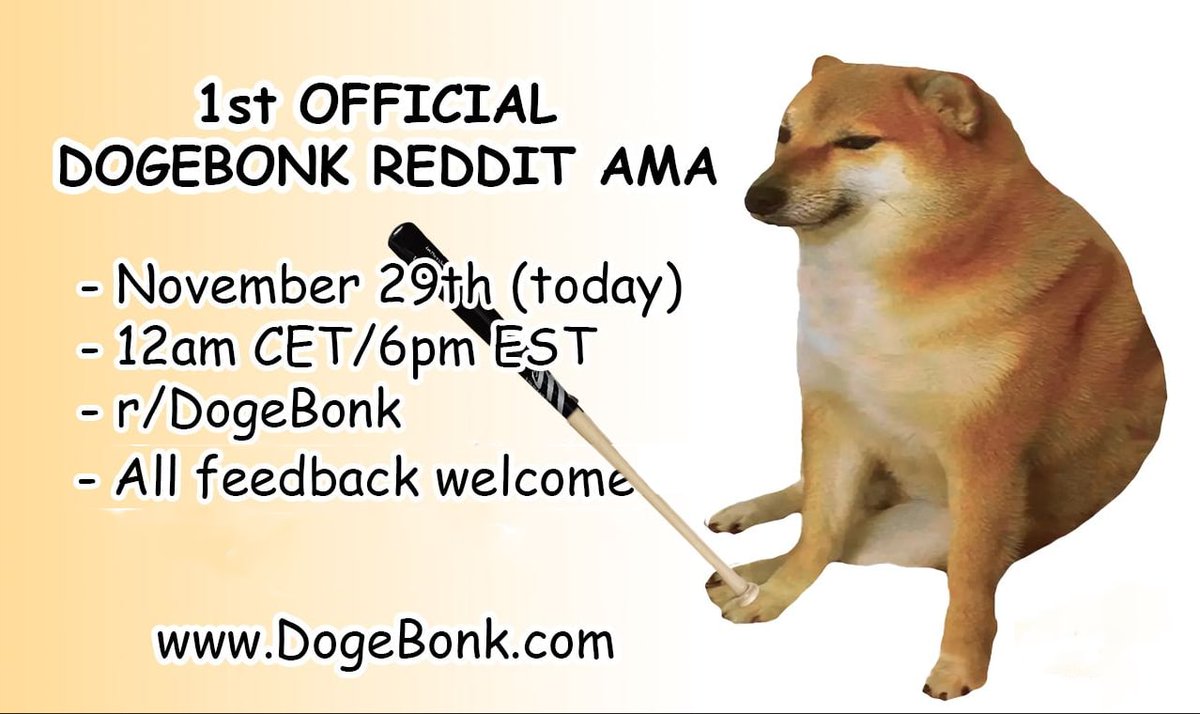 Hey #DogeBonk community 🚀🔥 We are having our first AMA tonight on Reddit. We want to poke your minds a bit and listen to your feedback and ideas for $DOBO

🕒 Our AMA is starting at 12am CET / 6pm EST, but you can already post questions at:
reddit.com/r/DogeBONK/com…