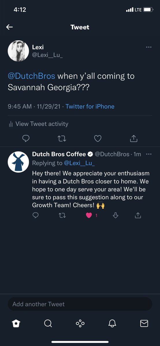 Lexi__Lu_'s tweet photo. That moment when your fav coffee place tweets you back 🥰🥰🥺🥺 I’m ready for this to happen!!! @DutchBros #iloveDutchBros #letsmakethishappen https://t.co/PGKKr13ViD
