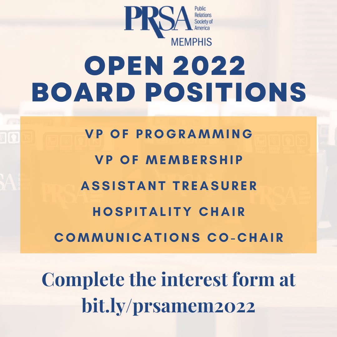 PRSAMem's tweet photo. For the 2022 Board of Directors, #PRSAMemphis is currently seeking nominations for a few positions.
Interested in serving? Complete the interest form: https://t.co/uiUAW1MVLa π
Have questions? Contact Jennifer Sharp at info@sharplifestylecomm.com
#PRSA #boardofdirectors https://t.co/yJYywMZ0UF