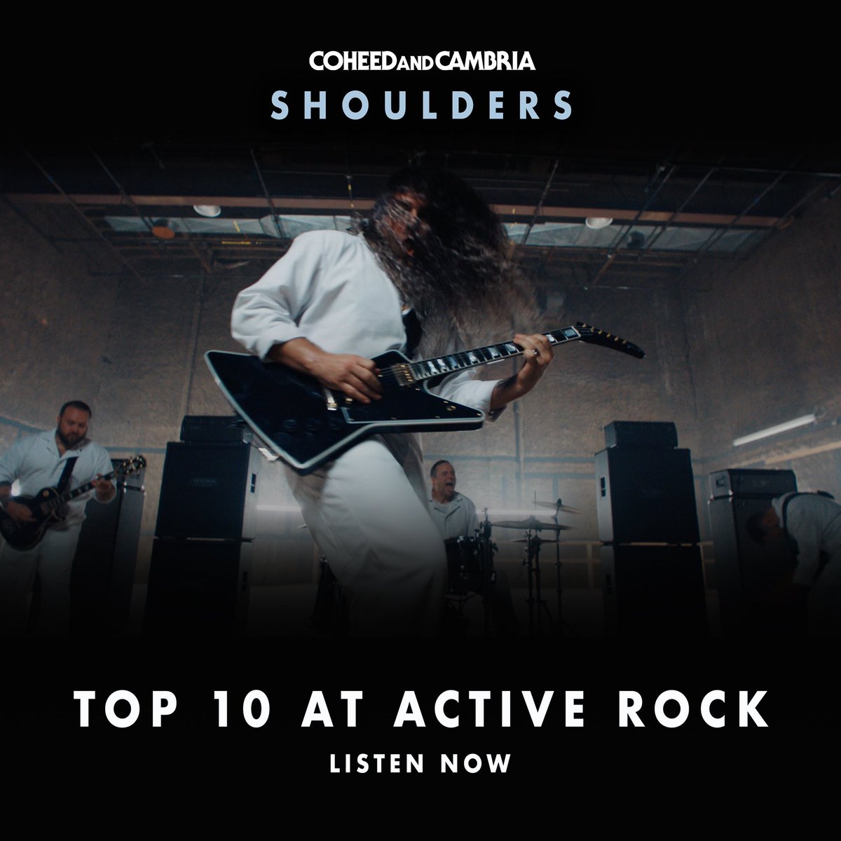 Coheed's tweet image. We have our first ever Top 10 Radio Single! Thank you @elektrarecords for all the hard work! And thank you all for your support - Let’s try for Top 5! coheedandcambria.lnk.to/shoulders