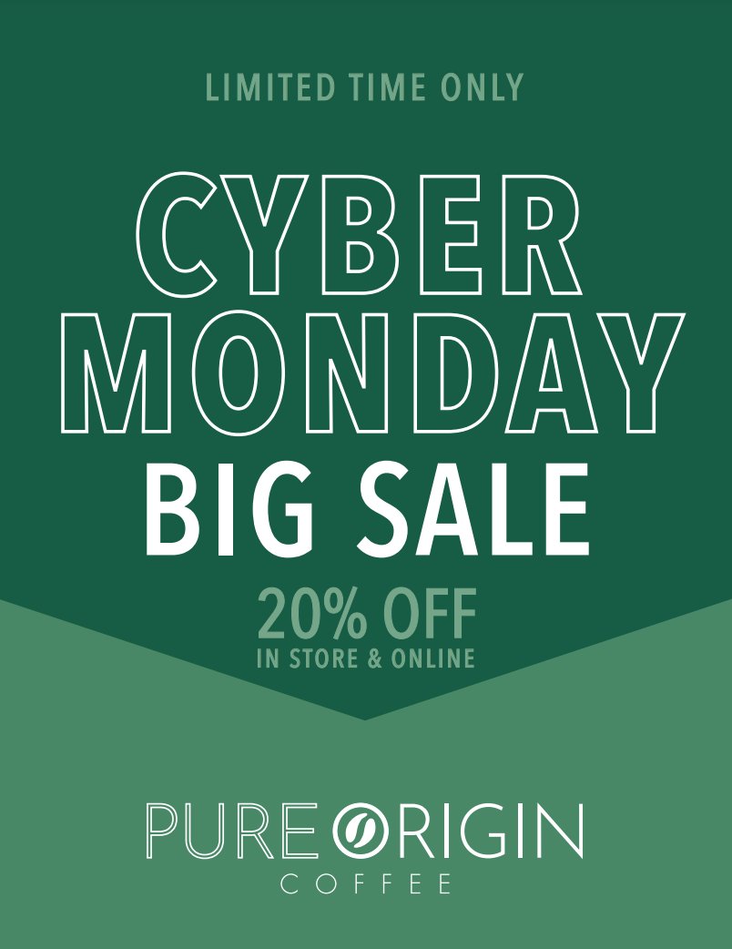 For 24 hours enjoy our #CyberMonday 20% off SALE!

Order now to show your friends and family our augmented reality experience during the holidays! Who will speak to you? pureorigincoffee.org

#PureOriginCoffee #PureStories #PureOriginAR #AR #CoffeeDeals