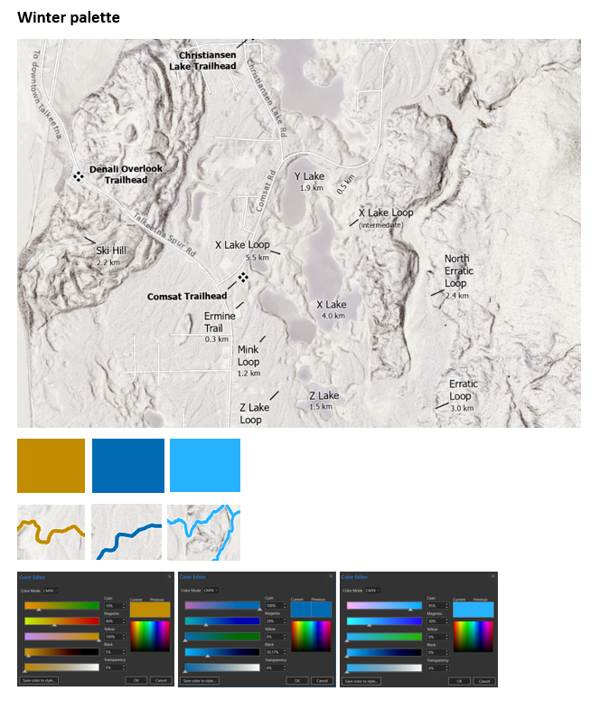 alaska_melanie's tweet photo. For this week's #SlowMapChallenge I worked on my summer and winter Talkeetna #Alaska trail map palettes https://t.co/gIsf9duHrK