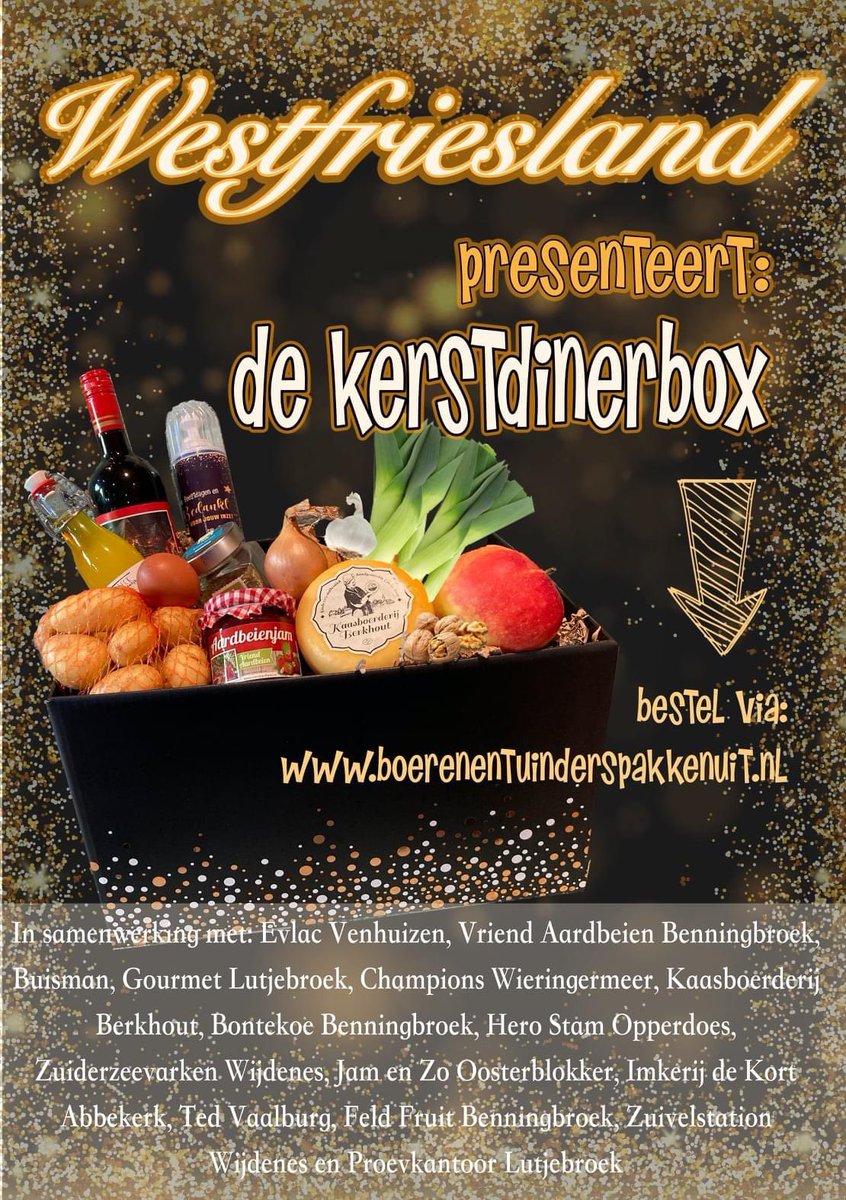 Ism een groot aantal stalletjes uit ons mooie Westfriesland hebben we een kerstdinerbox samengesteld! 
Een heerlijk 4-gangenmenu met het allerlekkerste van Westfriese bodem! Middels mooie receptenkaarten kun je een heerlijk kerstmenu op tafel zetten! Meer info volgt later!
