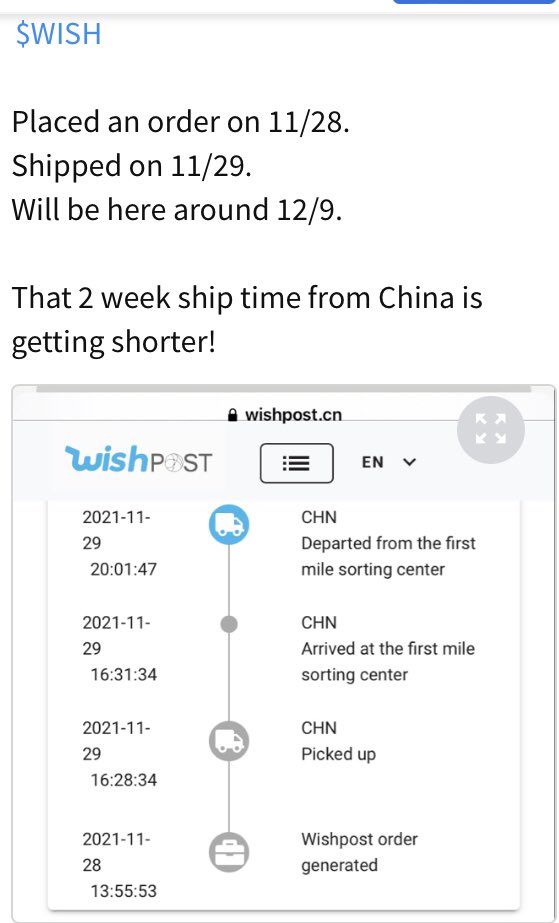 sheldon6600's tweet photo. $WISH Shipping times seem to be getting better. https://t.co/IHj8KbyCFY