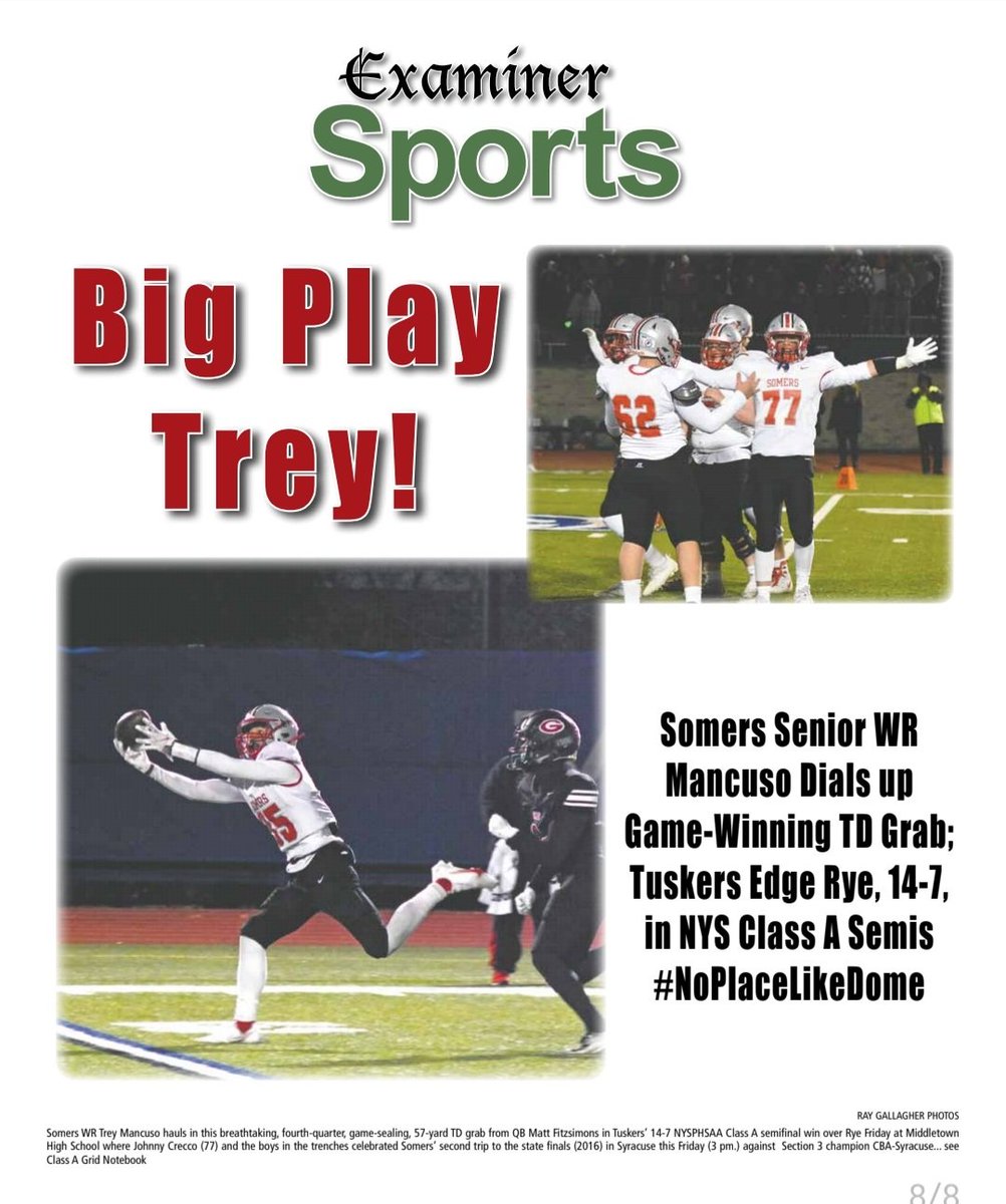 DirectRays's tweet photo. 3, count 'em, 3 @ExaminerMedia teams advance to #RoadtoCuse for @NYSPHSAA grid finals, including Class A @SomersFootball thanks to this @treyman35 TD catch. On Newsstands tomorrow! Get ya stack https://t.co/CzZ26lksUi
