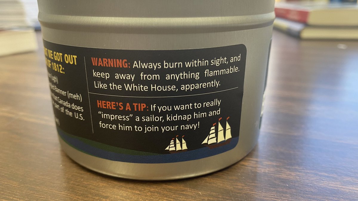 DrMaryDraper's tweet image. One of my advisees just gave me a War of 1812 scented candle, and it is *hilarious.* This is the end of semester pick-me-up that we all need.
