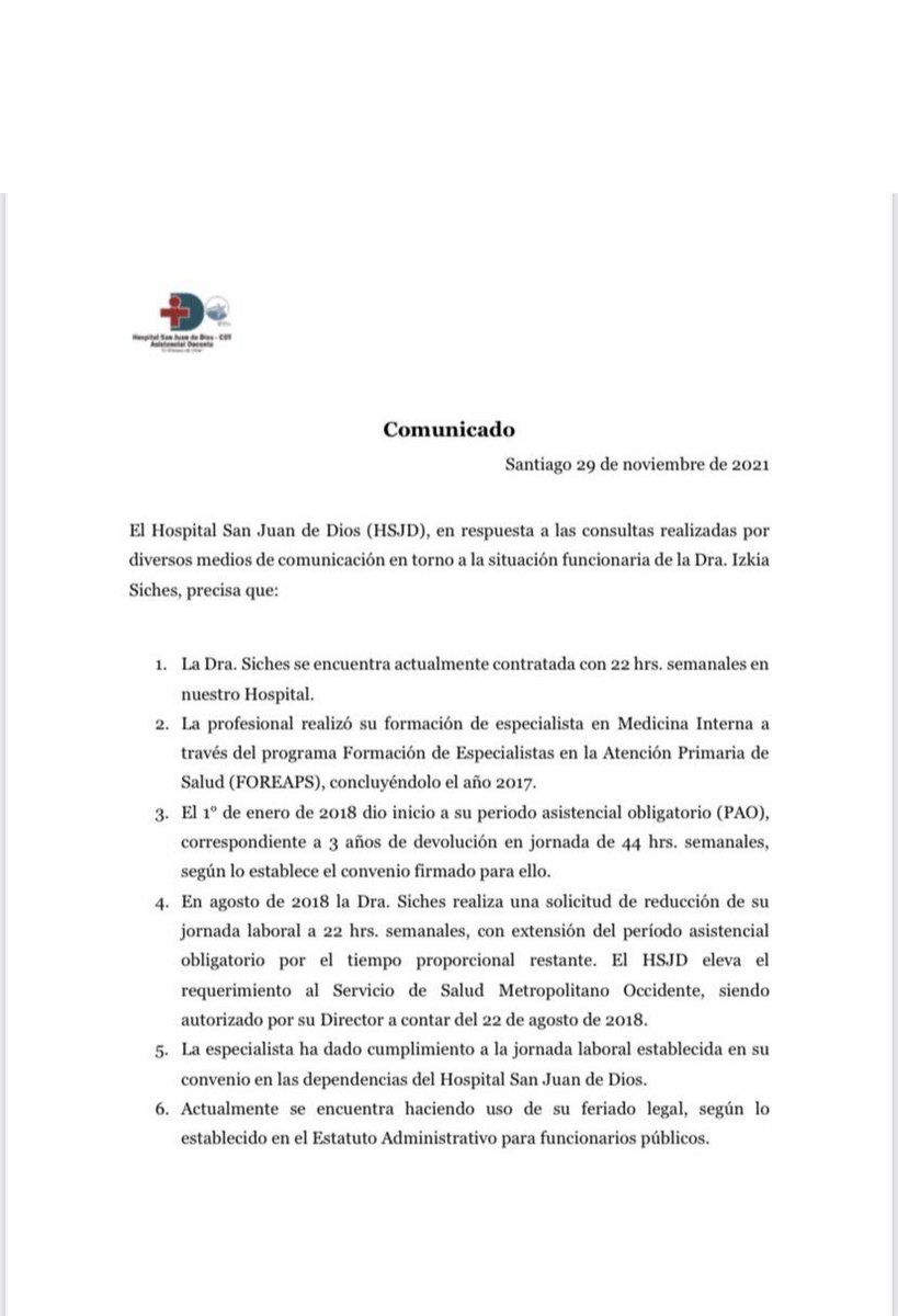 amaphuap's tweet photo. Comunicado HSJDD en relación a la situación funcionaria de la Dra. @izkia https://t.co/jxRtwEg6kf