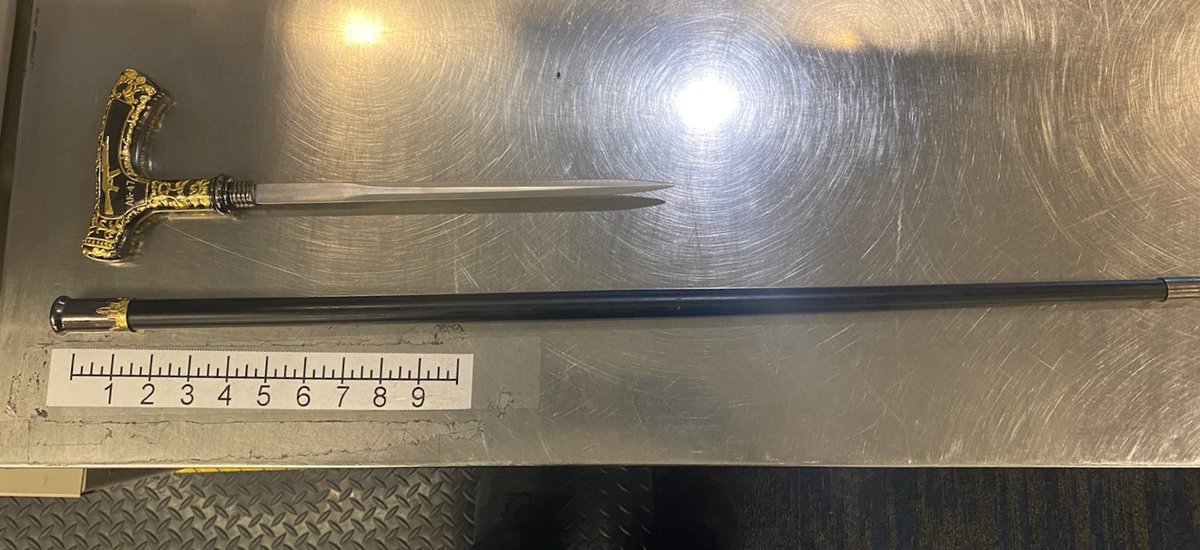 TSA_GreatLakes's tweet image. Spotted at the @MitchellAirport checkpoint: This sword concealed inside a cane. Hidden weapons don't fly! #nicecatch