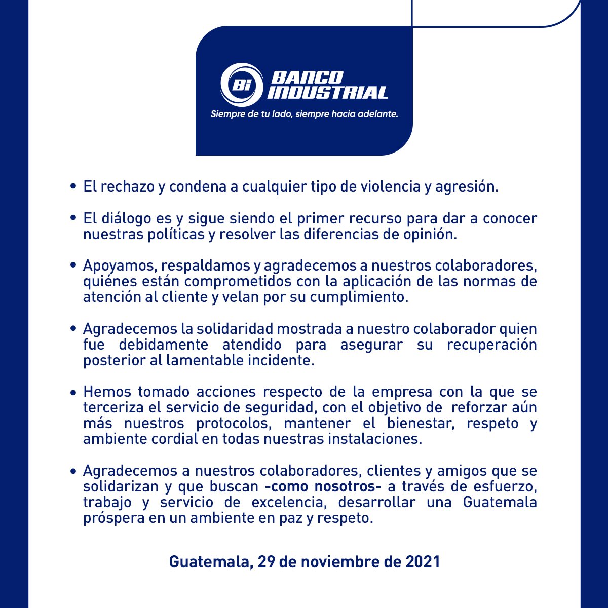 BancoIndustrial's tweet photo. Ante el incidente agresivo ocurrido en una de nuestras agencias, manifestamos: https://t.co/qMaEamJKTK