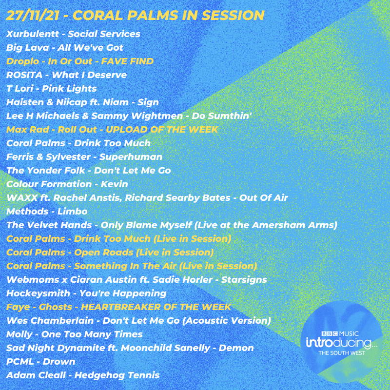 Sarahgozzo's tweet photo. @BBCIntroSW @CoralPalmsBand @maxradmaxrad @itisfaye For proof, full tracklist here ft: 
@xurbulentt 
@rositaateixeira 
@haistenmusic @NACE_NIICAP 
@FerrisSylvester 
@colourformation 
@WAXXBAND 
@thevelvethands1 
@webmomss @CiaranAustin @SadieHorler 
@Hockeysmithuk 
@ChamberlainWes 
@hocking_molly 
@SadDynamite 
@adamcleall https://t.co/fCGVFp9Akl