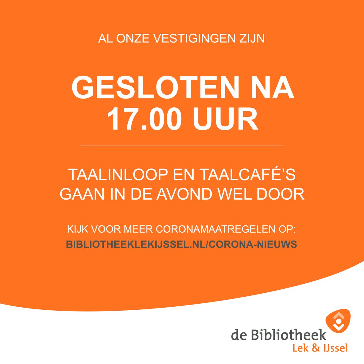 BiebLekIJssel's tweet photo. Tot 1 januari 2022 zijn onze vestigingen 's avonds gesloten. Taalinloop en Taalcafé 's avonds gaan wel door.
Bekijk alle aangepaste openingstijden voor de vestiging die je wilt bezoeken. https://t.co/vVJ2osdGXE https://t.co/TBxhf2I4Ij