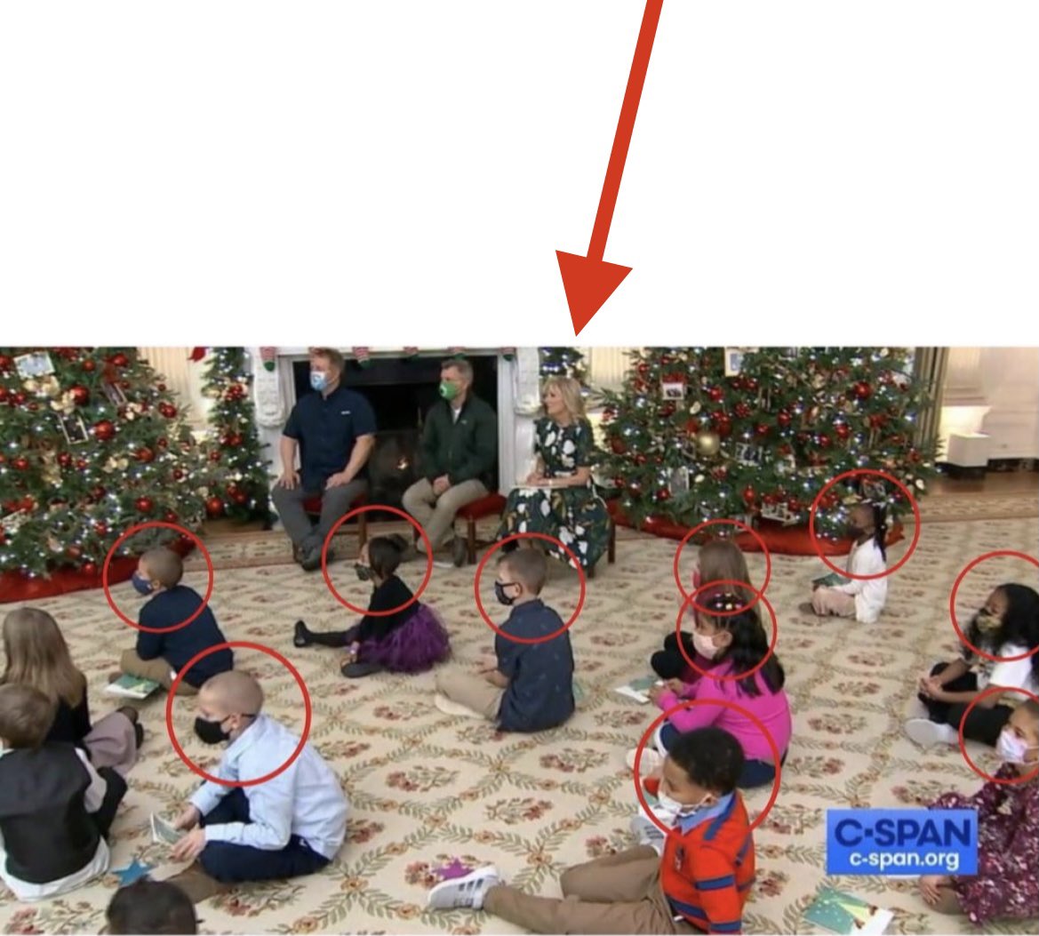 bennyjohnson's tweet photo. Jill Biden forces little children to mask and social distance at the White House while she does neither.
This is beyond stupid. This is a cruel and sick abuse to children for a Christmas celebration. 

Share this to shame these wicked people. https://t.co/fDLpd3ev6S