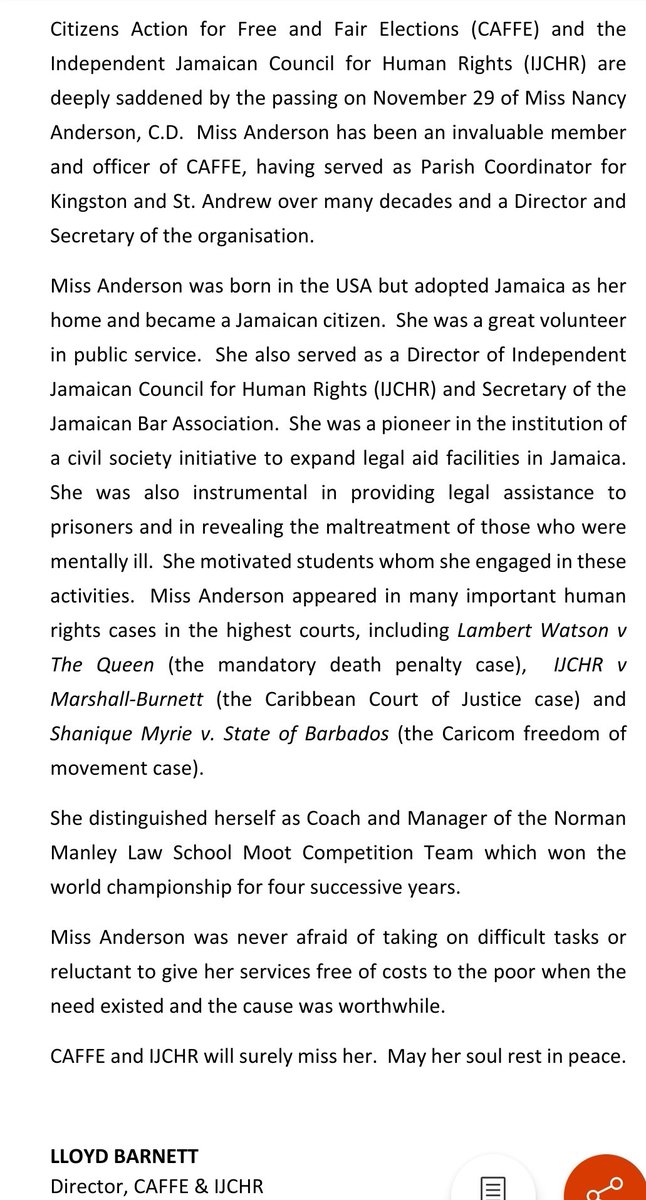 The board of CAFFE announces with great sorrow the passing of our Director and Secretary Nancy Anderson. Please see the attached press release.