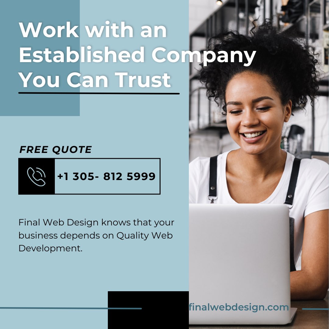 finalwebdesign's tweet photo. Our experienced staff will work hard to develop a custom website that gives you a professional edge.
Visit NOW https://t.co/k25zqCU08V
.
#finalwebdesign #webdeveloper #webdesignagency #miamiwebdesign https://t.co/26yIzmXklx