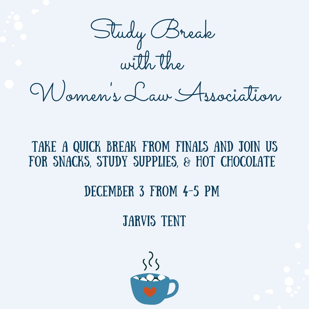 Take a quick break from finals and come to the WLA Study Break! We'll provide snacks, hot chocolate, and study supplies! We're all rooting for you this finals season, and we can't wait to see you there! Please sign up here: docs.google.com/forms/u/1/d/e/…