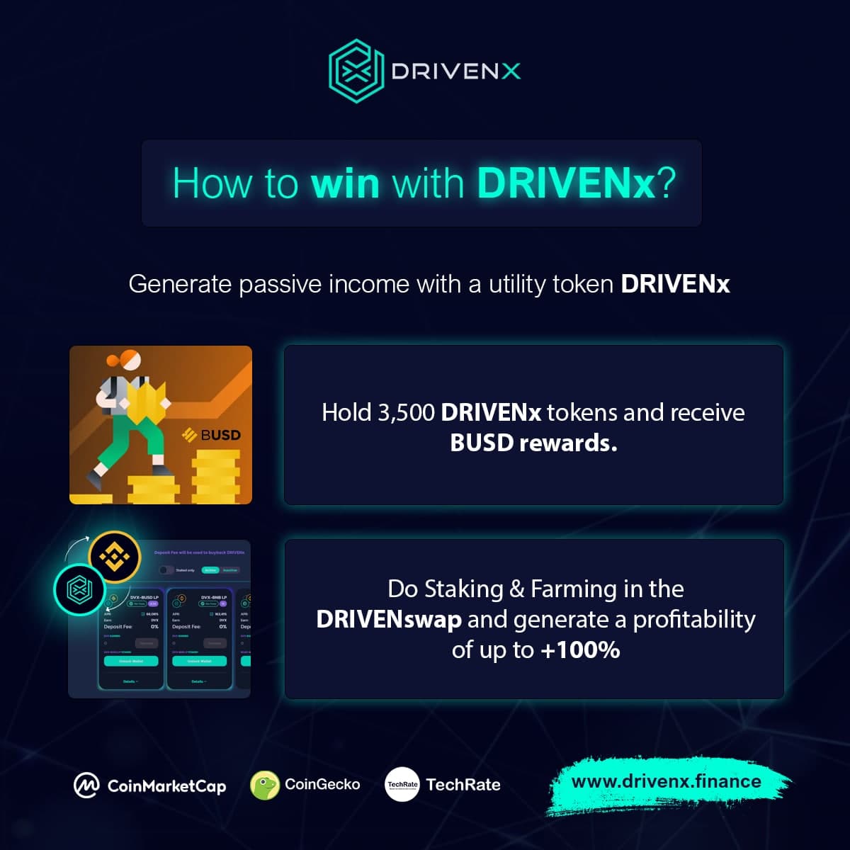 🌟DRIVENx - Made by humans for humans 

✅KYC'd
✅Passed audit
✅DOXXED team

💰 BUSD dividends for holders
💰 Staking &amp; Farming

🔥 Listed on CMC &amp; CG
🤖NFT collection (TBA)

t.me/DRIVENx
drivenx.finance

#DVX #DRIVENx #WeAreDRIVEN