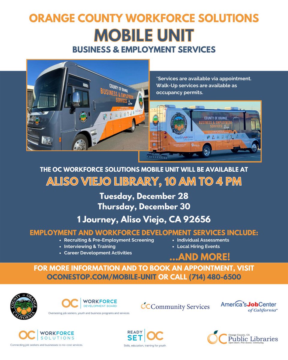 oc_workforce's tweet photo. OC Workforce Solutions has gone mobile!

Check out when the OC Workforce Solutions Mobile Unit will be in your area and book your appointment at https://t.co/SSqczfQfV9 or call 714-480-6500.

#OCWorksTogether #OrangeCounty #OCWorkforceSolutions #MobileUnit #employment #business https://t.co/ixv1g4hyiB