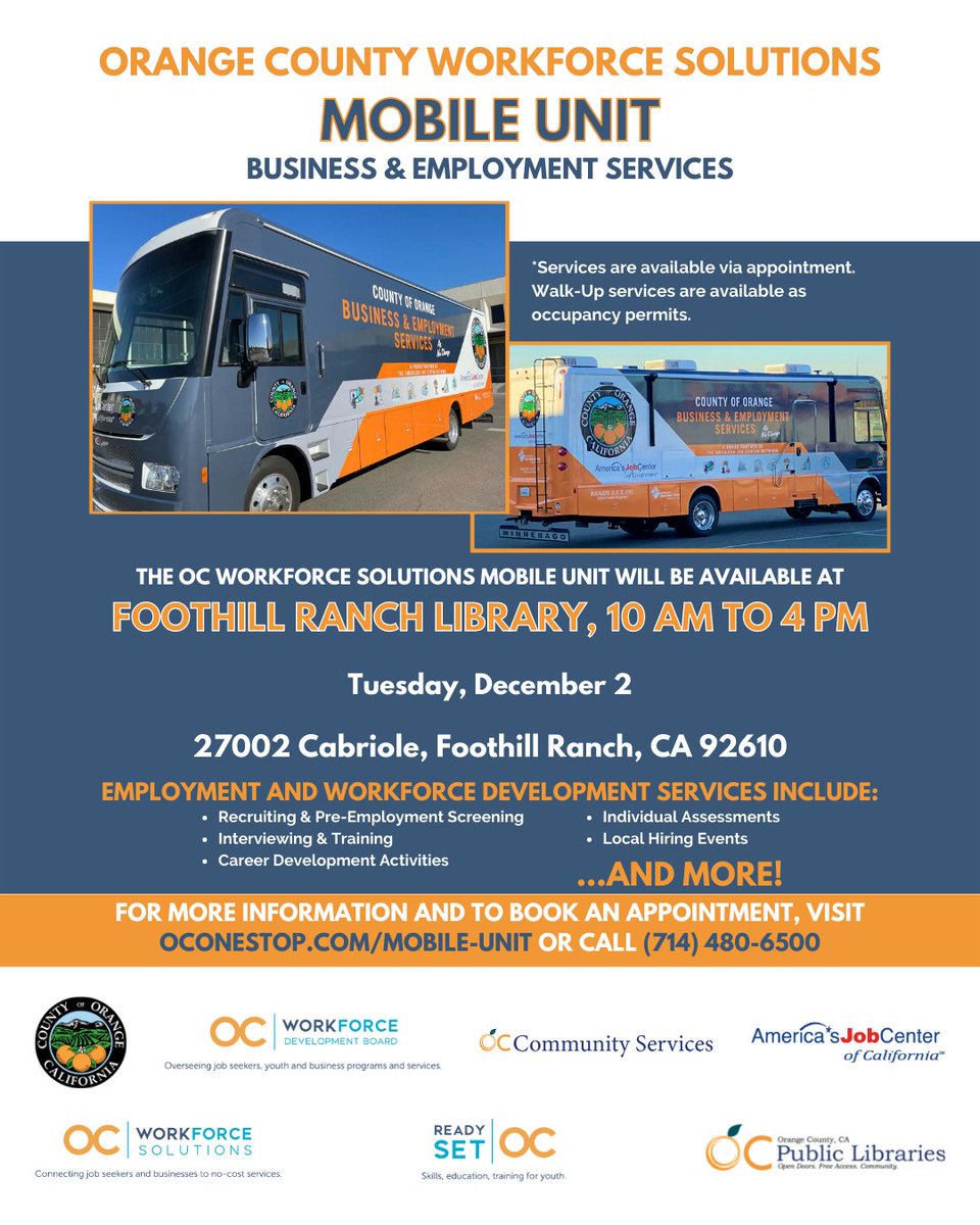 oc_workforce's tweet photo. OC Workforce Solutions has gone mobile!

Check out when the OC Workforce Solutions Mobile Unit will be in your area and book your appointment at https://t.co/SSqczfQfV9 or call 714-480-6500.

#OCWorksTogether #OrangeCounty #OCWorkforceSolutions #MobileUnit #employment #business https://t.co/ixv1g4hyiB