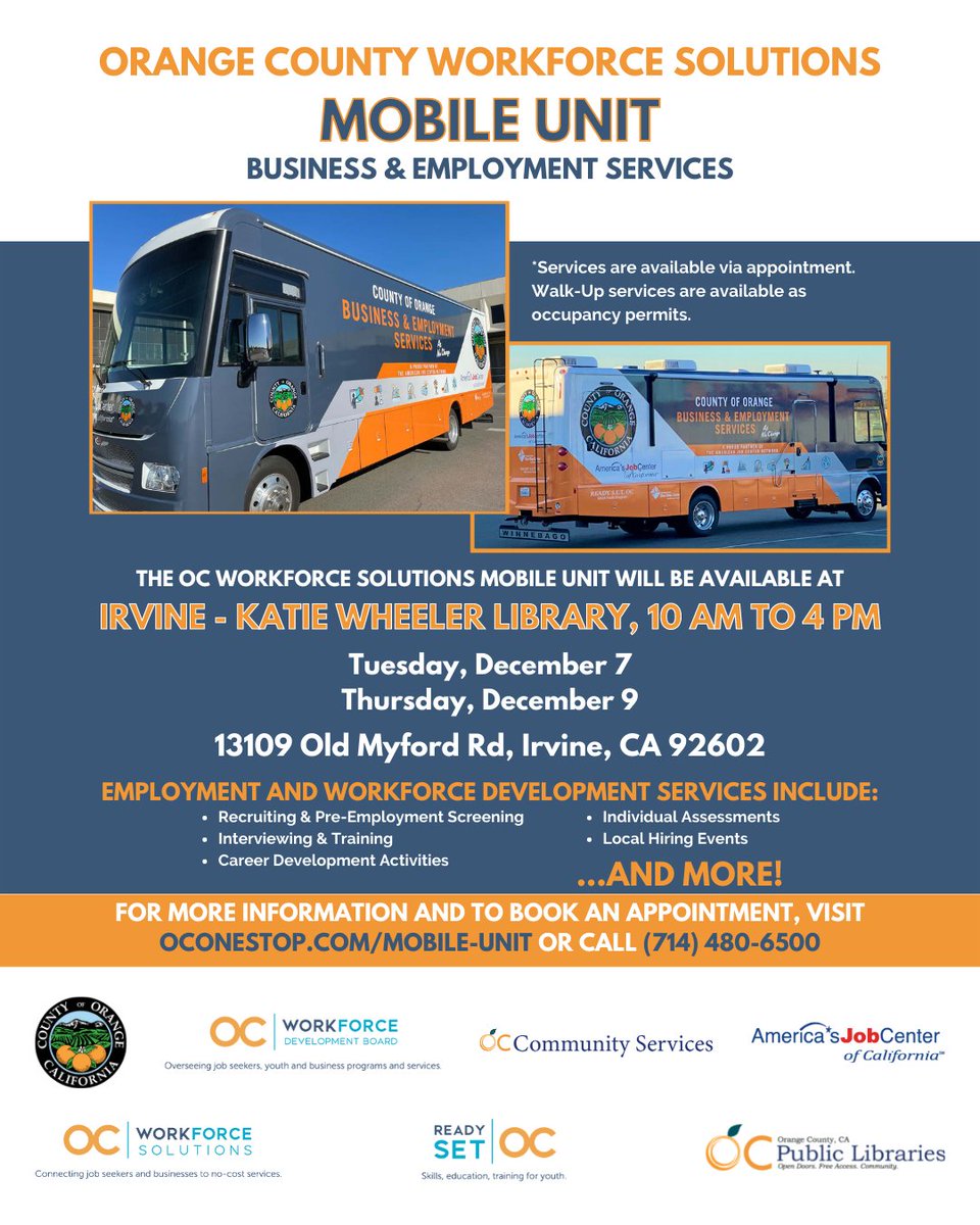 oc_workforce's tweet photo. OC Workforce Solutions has gone mobile!

Check out when the OC Workforce Solutions Mobile Unit will be in your area and book your appointment at https://t.co/SSqczfQfV9 or call 714-480-6500.

#OCWorksTogether #OrangeCounty #OCWorkforceSolutions #MobileUnit #employment #business https://t.co/ixv1g4hyiB