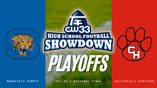 #TXHSFB PLAYOFFS:

Friday night, our CW33 High School Football Showdown crew will provide live coverage of <a href="/SummitFB/">Mansfield Summit High Football</a> vs. <a href="/CHHS_FOOTBALL/">CHHS Football</a>, 7 pm at <a href="/BirdvilleISD/">Birdville ISD</a> FAAC.

Watch on CW33 TV or cw33.com. @pxpdoug, <a href="/LaDarrin_McLane/">LaDarrin McLane</a>, and <a href="/Mycoskie/">Chris Mycoskie 🎙️</a> will have the call.