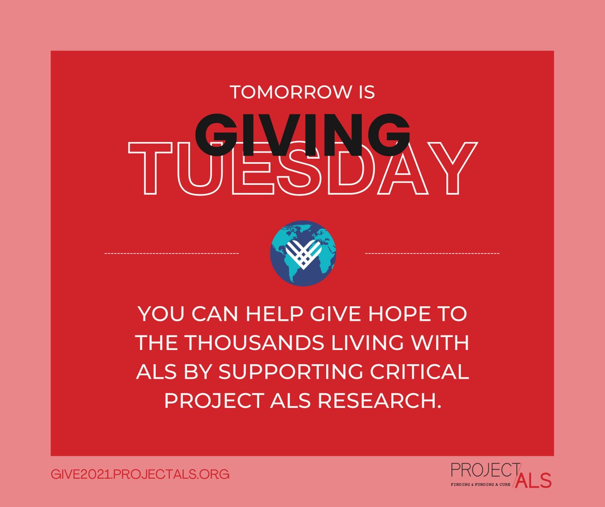 Tomorrow, millions of people will give, collaborate, and celebrate generosity. We hope you will join them by supporting Project ALS research because together, we will find the first treatments and a cure for ALS.

Everyone has something to give.
give2021.projectals.org