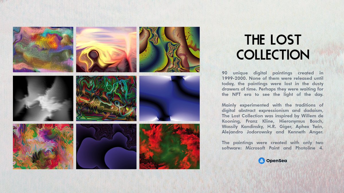 EvergreenDazed's tweet photo. Lost over two decades, 90 digital paintings will soon be living on the blockchain.

Never released before, #TheLostCollection is exclusively dropping on @opensea on December 9th.

RT for support ✨✨

#NFT #NFTs #NFTart #NFTcollection #NFTcommunity #NFTcollectors #NFTartists https://t.co/Qz5iY6mAMM