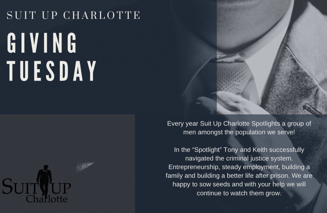 SuitUpCharlotte's tweet photo. Suiting up to get back on track (https://t.co/rVGgKaiVNl) Please consider selecting Suit Up Charlotte as your charity on Giving Tuesday. Shop through Amazon, activate AmazonSmile and select Suit Up Charlotte as your nonprofit. #sharecharlotte #suitup #givingtuesdayclt #men https://t.co/UaT9iGhFKG