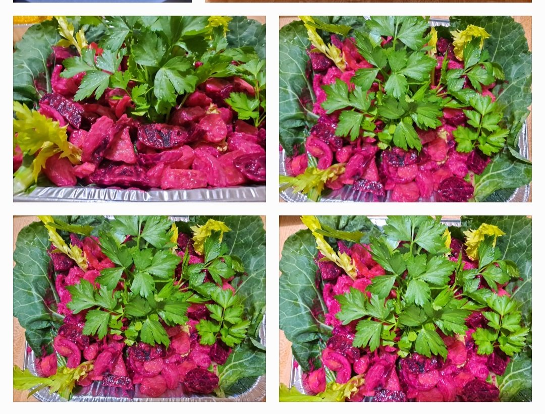 EveLkCuisine's tweet photo. Beets salad final touch.#beets #potatoes #carrots #mayo #spices #italiandressings #hotsauce #onionsandpeppers #blackpepper #secretingredients #toppedwithfreshherbs #servedonfreshcollardgreensleaves #healthydish #beautifulpresentation. #festivedish #colorfuldish #bonappetit. https://t.co/oqsqGKZg2f
