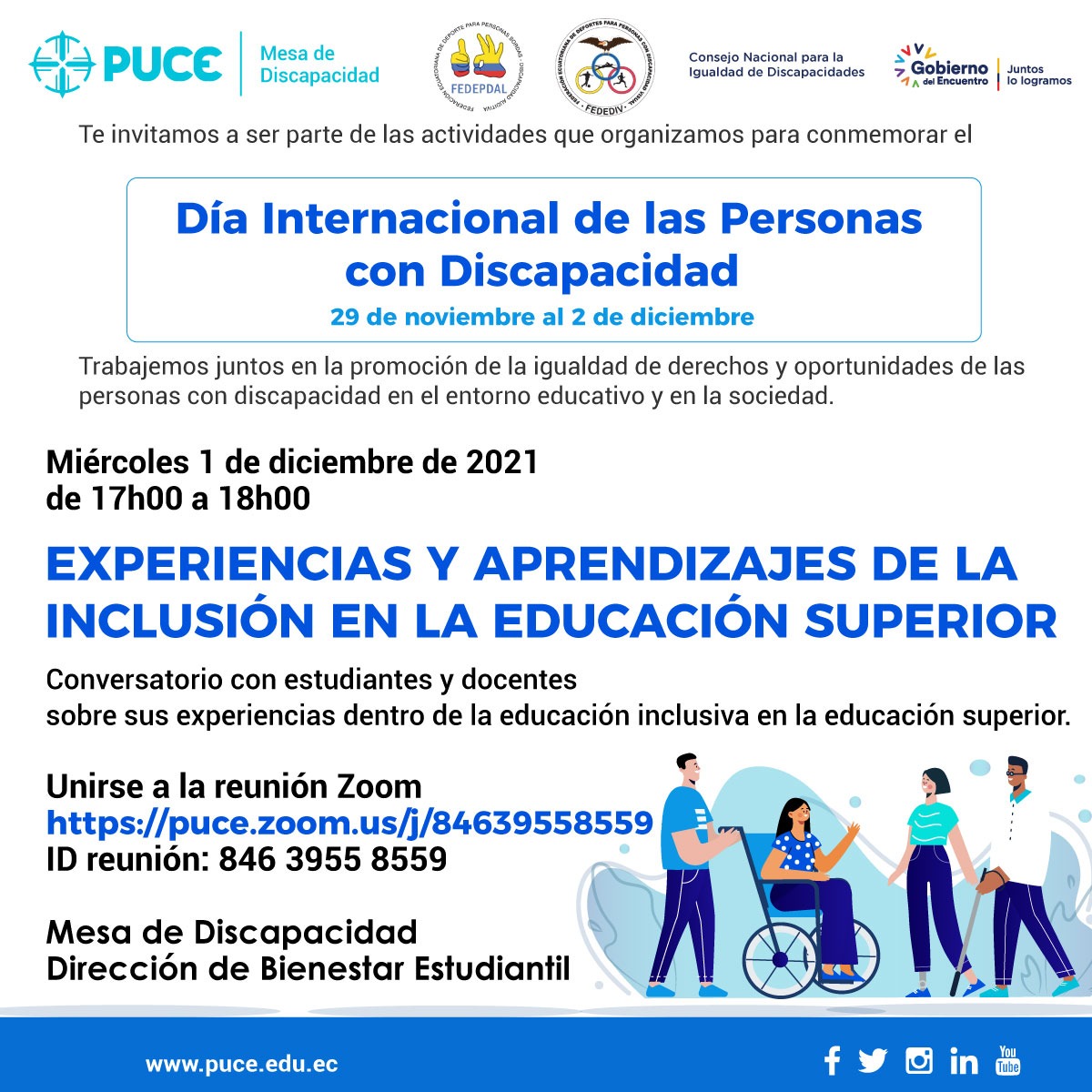 EducacionPUCE's tweet photo. #COMUNICADO| Te invitamos este miércoles 1 de Diciembre al Conversatorio de: "Experiencias y aprendizajes de la inclusión en la educación superior"

#dejatuhuella #FCIED #educacion #experiencias #charla https://t.co/ycTkrvHig8