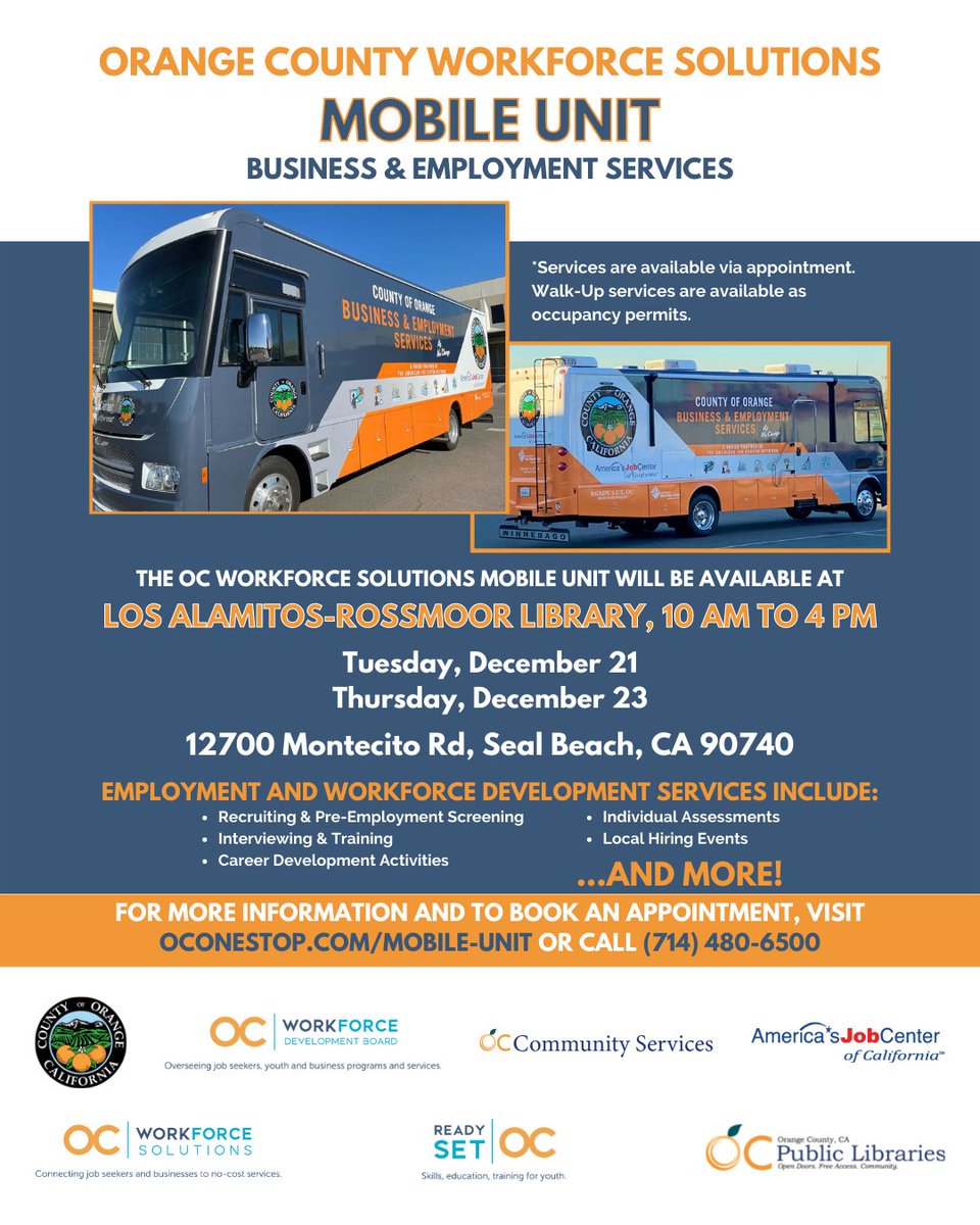 oc_workforce's tweet photo. OC Workforce Solutions has gone mobile!

Check out when the OC Workforce Solutions Mobile Unit will be in your area and book your appointment at https://t.co/SSqczfQfV9 or call 714-480-6500.

#OCWorksTogether #OrangeCounty #OCWorkforceSolutions #MobileUnit #employment #business https://t.co/BFTLZYAjCz