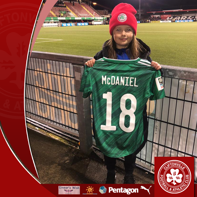 cliftonvillefc's tweet photo. ☘️ A lovely moment after Northern Ireland Women's defeat of North Macedonia in last night's World Cup qualifier at Seaview as Louise McDaniel hands her shirt over to Cliftonville Under-11s star Lily Bell. https://t.co/KKPEJZs0dN