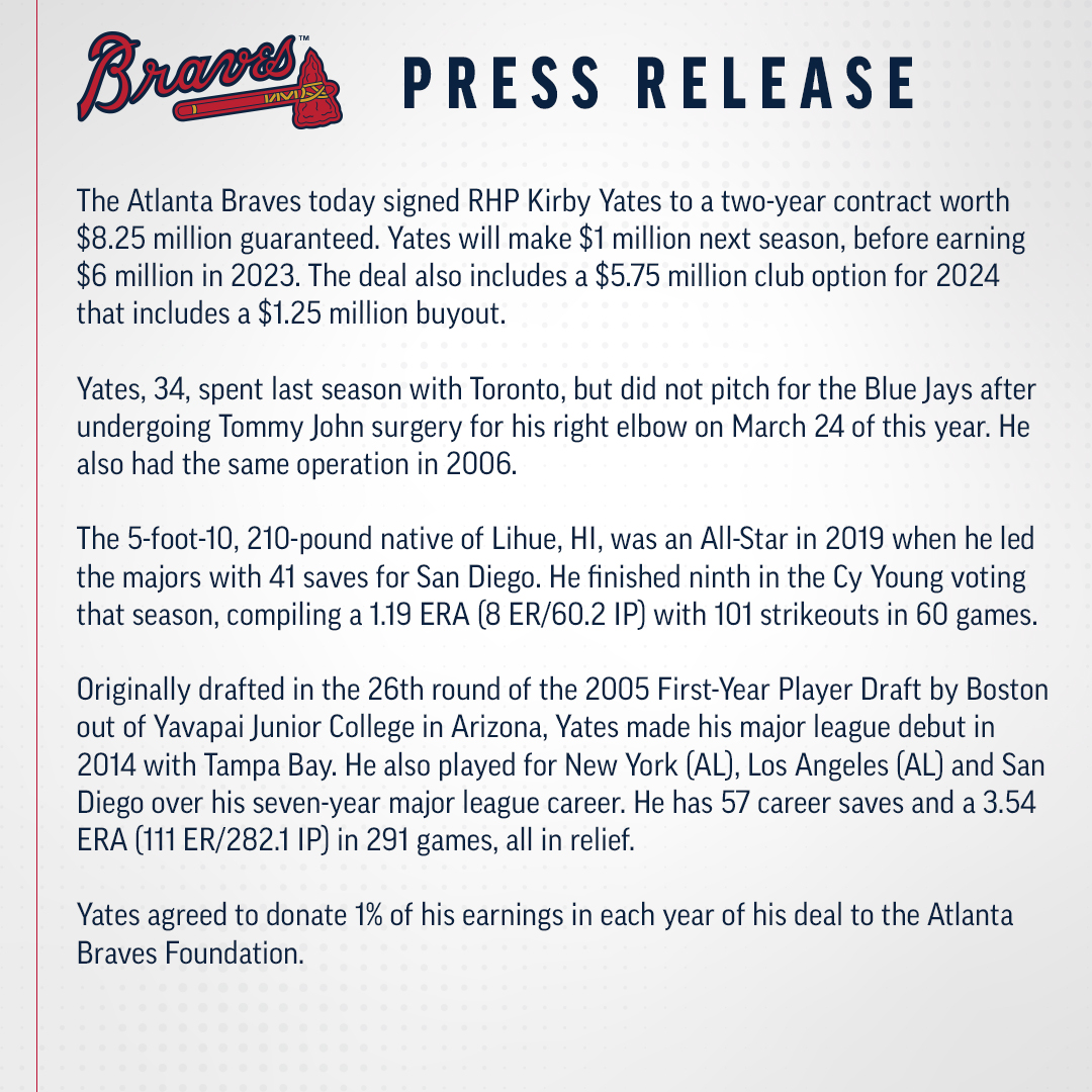 Atlanta Braves on X: #Braves Sign Kirby Yates