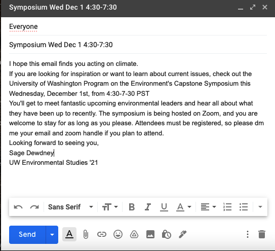 Sage_Dewd's tweet photo. Looking for something fun this Wednesday evening? I've got you covered. Come check out the UW Capstone Symposium from 4:30-7:30 and meet my awesome #POEcap cohort. Learn more https://t.co/gPrpgOKu4t #ENVIR492 https://t.co/c7Z3WTKirm