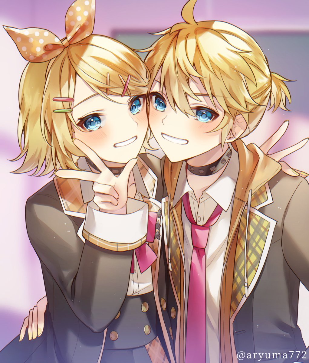 kagamine len ,kagamine rin 1girl blonde hair 1boy one eye closed blue eyes smile horns  illustration images