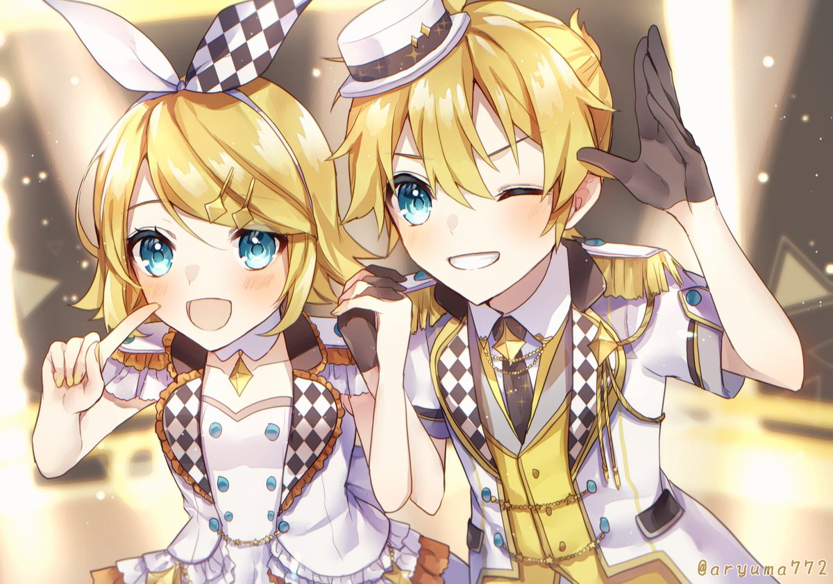 kagamine len ,kagamine rin 1girl blonde hair 1boy one eye closed blue eyes smile horns  illustration images