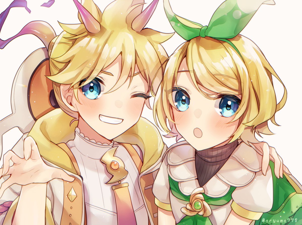 kagamine len ,kagamine rin 1girl blonde hair 1boy one eye closed blue eyes smile horns  illustration images