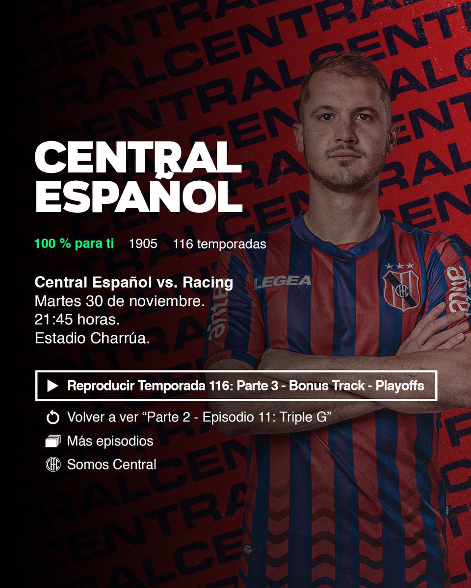 cefc_uy's tweet photo. 🔜 ¡Mañana #JuegaCentral! 

🏆 @SegundaAUF | Playoffs 
🆚 @RacingClubUru 
⏰ 21:45h
🏟 Estadio Charrúa 

#SomosCentral🔴🔵 https://t.co/V4Y2poMGxV