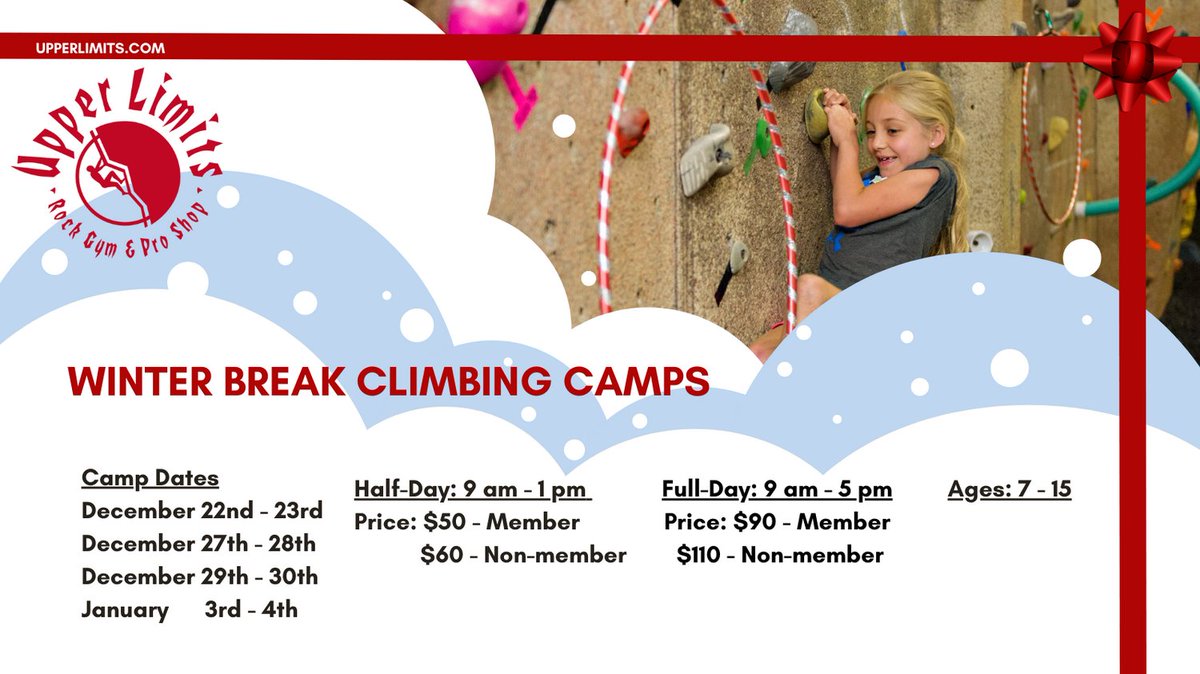 Winter break will be here soon! Our Climbing Camps will keep your kids active, learning and playing no matter how cold it gets outside. 
Copy and paste the link below to sign up. 
tinyurl.com/32ty46cy

#winterbreak #indoorclimbing #blono
