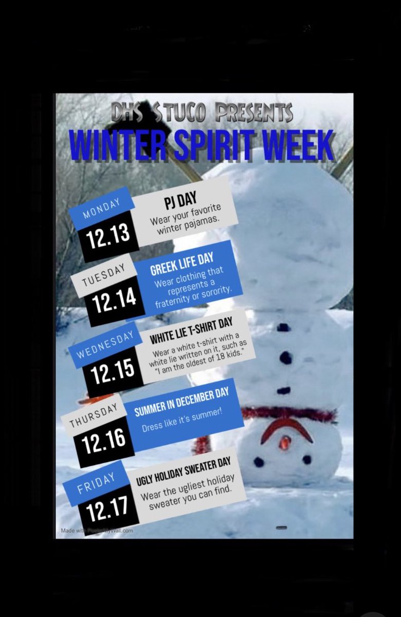 As we are getting ready for winter break join us the 13 through the 17 for an awesome spirt week! Fun days like pj day, white lie, and more!!