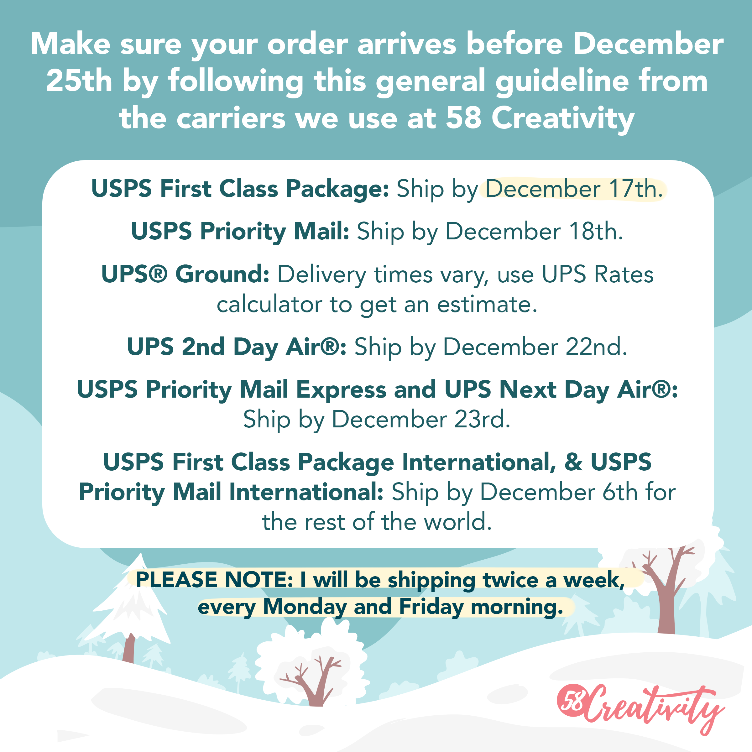teenagere Menagerry Regelmæssigt Brittany Castle on Twitter: "Make sure your order arrives before Dec 25 by  following this general guideline from the carriers we use at 58 Creativity!  ❄️ Noted: I will be shipping twice
