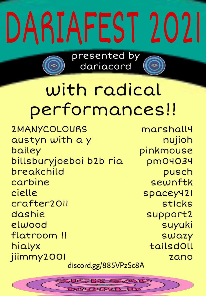 DARIAFEST 2021

the very first url fest hosted in dariacord
december 11-12 

join dariacord:
discord.io/dariacord

poster by:
<a href="/flatroom8331/">flatroom (ywogo era)</a>