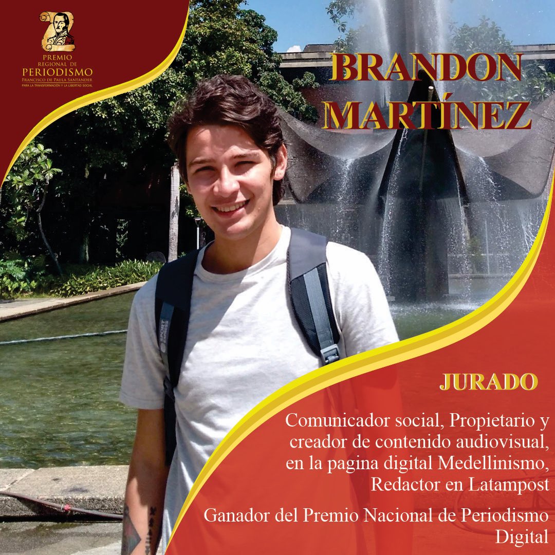 PremioRegional's tweet photo. Brandon Martínez, también hace parte de nuestro staff de jurados.
Él es Comunicador Social, Propietario y creador de contenido audiovisual en la página digital Medellinisimo.
Ganador del Premio Nacional de Periodismo.

#premioregionaldeperiodismo2021
#Periodismo
#UFPSO
#Ocaña https://t.co/vdvBtDFj8W