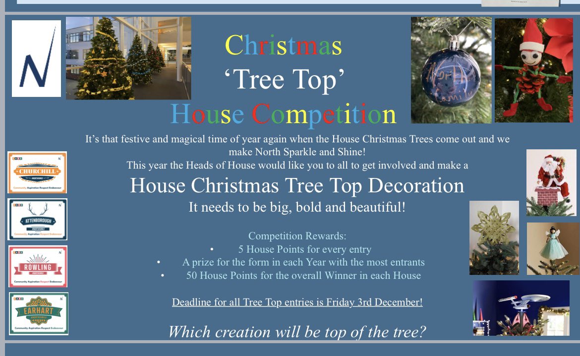 nbhsCARE's tweet photo. Itโs that exciting time of year again and the House Christmas Competition has begun! Which House will be โtop of the tree?!โ ๐๐๐๐#CARE #Christmas #treetoppers https://t.co/5J0g8Ms8IN