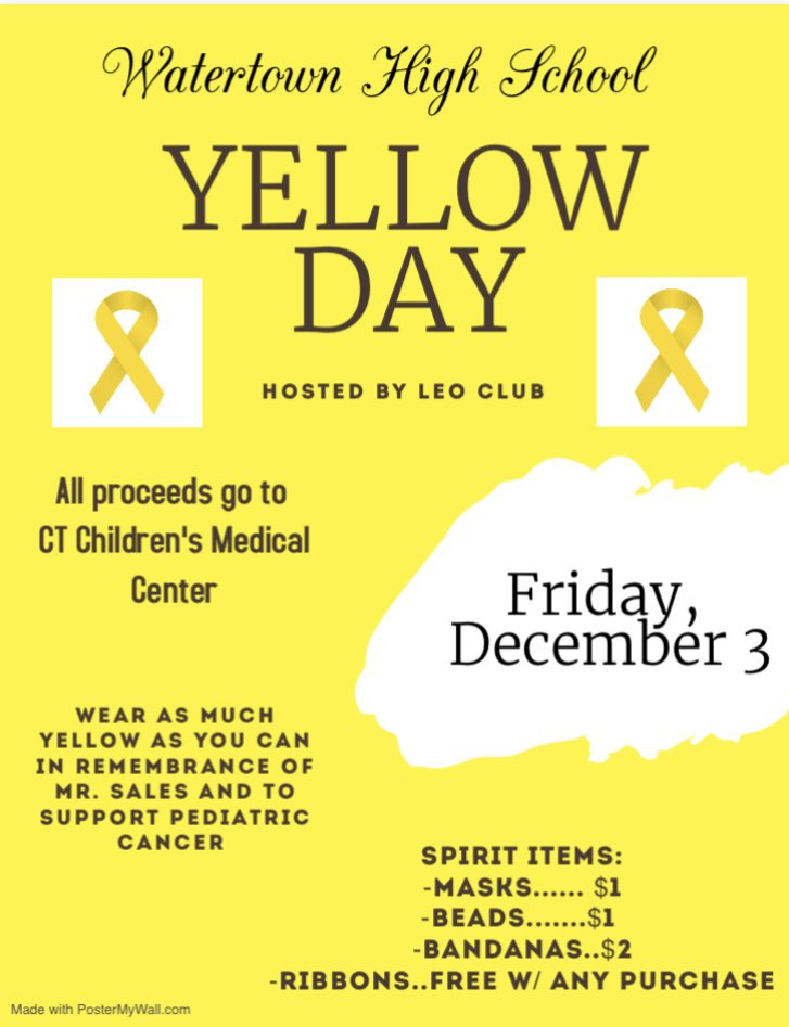 THIS FRIDAY- Wear as much yellow as you can to support pediatric cancer and in remembrance of Mr. Sales, a dedicated science teacher and Leo Club advisor at Swift Middle School who lost his life to cancer in 2020. All proceeds are going to CCMC in Mr. Sales’ name.