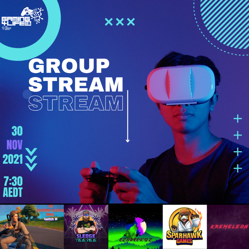 SonyFoundation's tweet photo. Battle royale pros @LevertonCameron, @EzSheekyz, @Sparhawkgames, @SledgeTeeVee and @Kremeleon are teaming up to support young Aussies battling cancer! 

Tune into #Gaming4life and donate $20 or more for the chance to win a PS5: https://t.co/dooZzcodwL